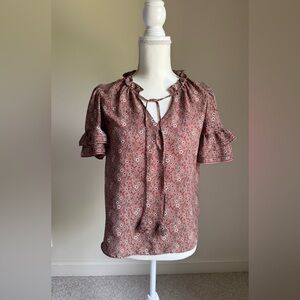 🌺$5 MAX STUDIO Brown Floral Ruffle Sleeve Tie Neck Blouse or Top Sz S